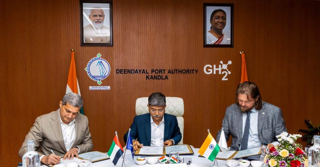 From left to right: Rizwan Soomar, CEO & Managing Director, Middle East, North Africa, India Subcontinent, DP World; Shri Sushil Kumar Singh, IRSME, Chairman of Deendayal Port Authority (DPA); and Przemek Ben Paczek CEO of Nevomo