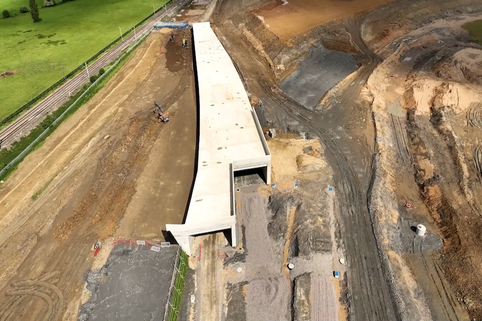 Aerial view of the access tunnel at the north end of the Northampton rail freight terminal which is under construction - the West Coast Main Line is shown to the left