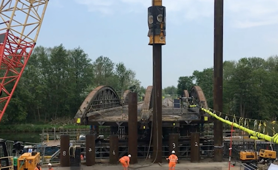 Nuneham Viaduct seen end on with cranes and engineers at work
