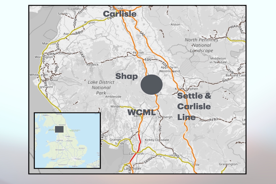 Location of Shap derailment. Annotated from OpenRailwayMap.org