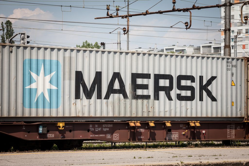 A Maersk container travelling on a train near Ljubljana, Slovenia. Image: Shuttestock © BalkansCat