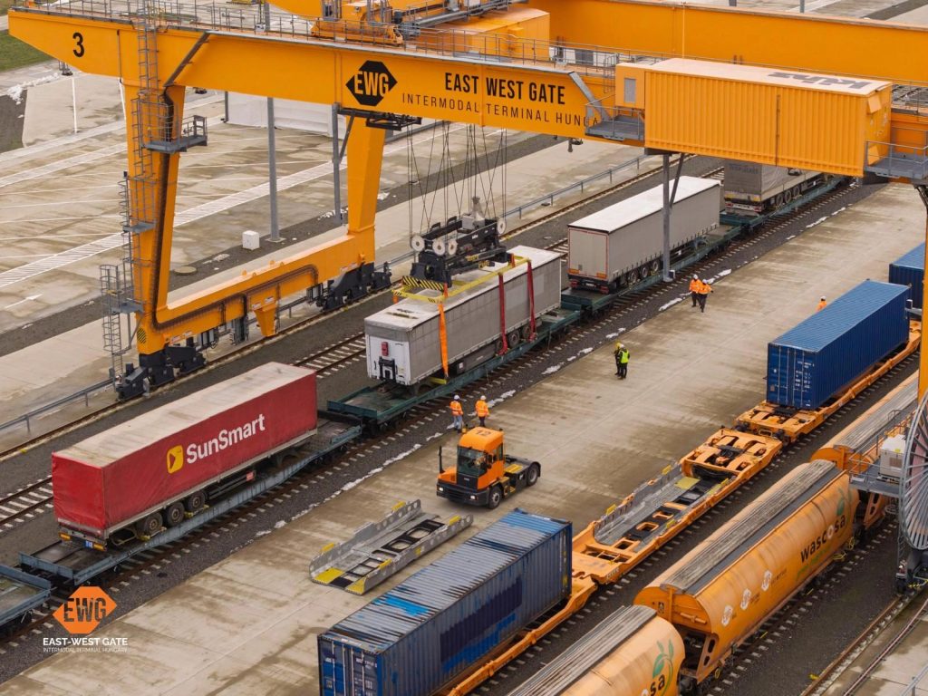 The first train of the new rail highway service being handled at the EWIL terminal in Hungary. Image: LInkedIn © East West Intermodal Logistics