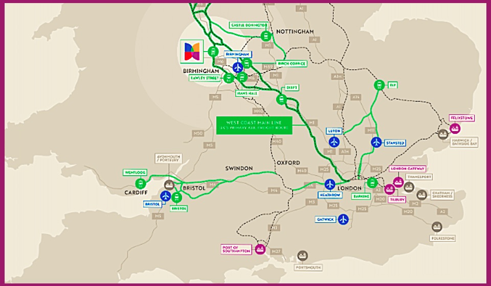 Map showing position of West Midlands Interchange and connections to other UK terminals